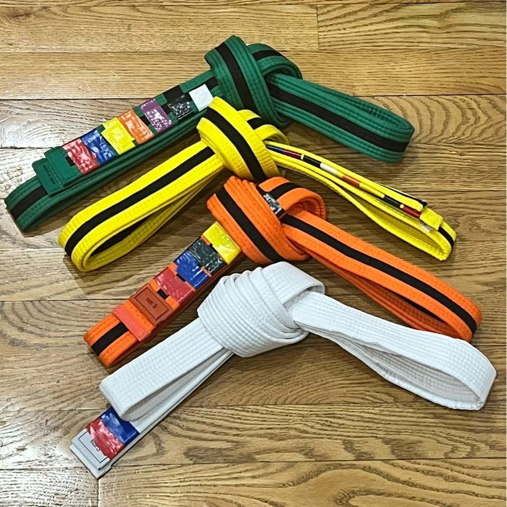 4 Martial Arts Rank Belts Set White Orange Yellow Green Stripe Karate Taekwondo